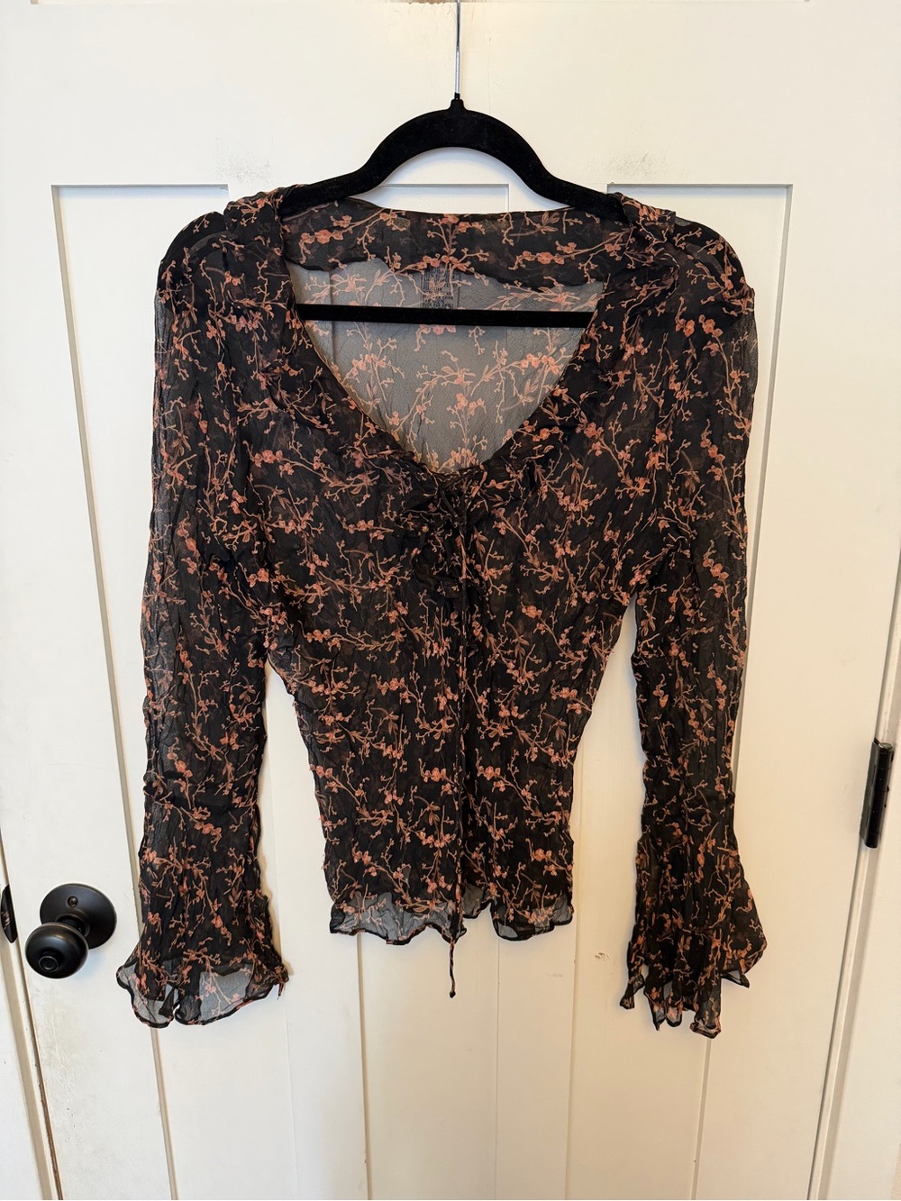 Vision Apparel Sill Sheer Blouse long Bell Sleeve Black Floral Tie Beaded Top XL